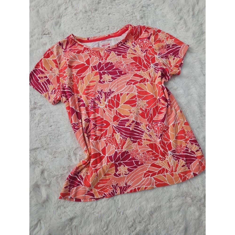 St. John's Bay Tropical Floral T-Shirt Small Cotton Hibiscus Palm Orange Pink